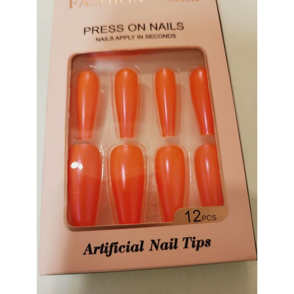 Press On Long Coffin Nails. Fashion Nail Tips.12 nails in set Shiny Orange. NIB.